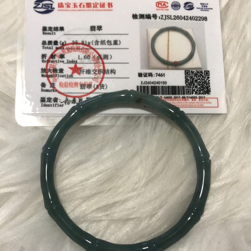 Dark Green Jade Bamboo-Style Bangle Bracelet